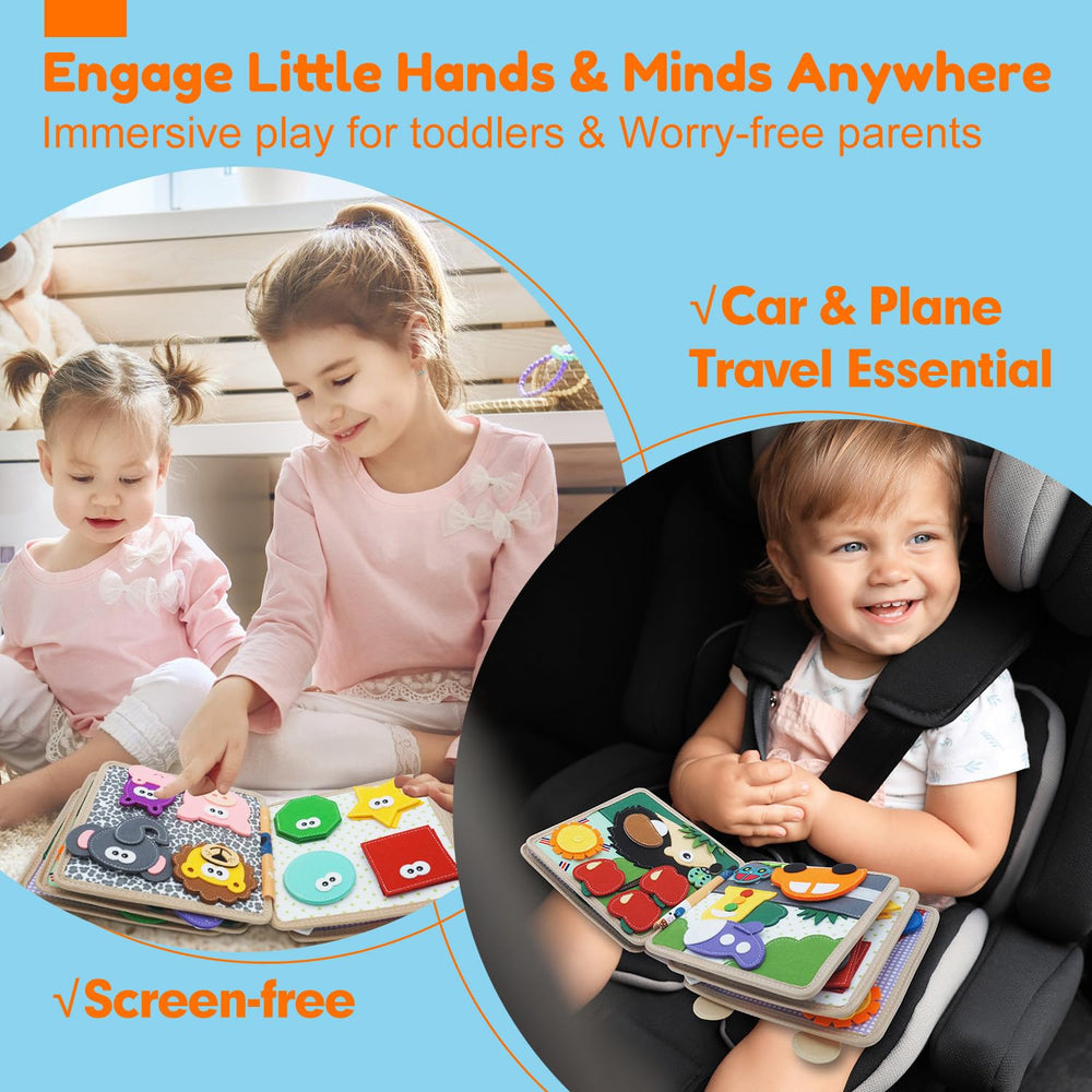 Kikiyaki Busy Book pages opened to vibrant activities for early learning.