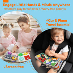 Kikiyaki Busy Book pages opened to vibrant activities for early learning.