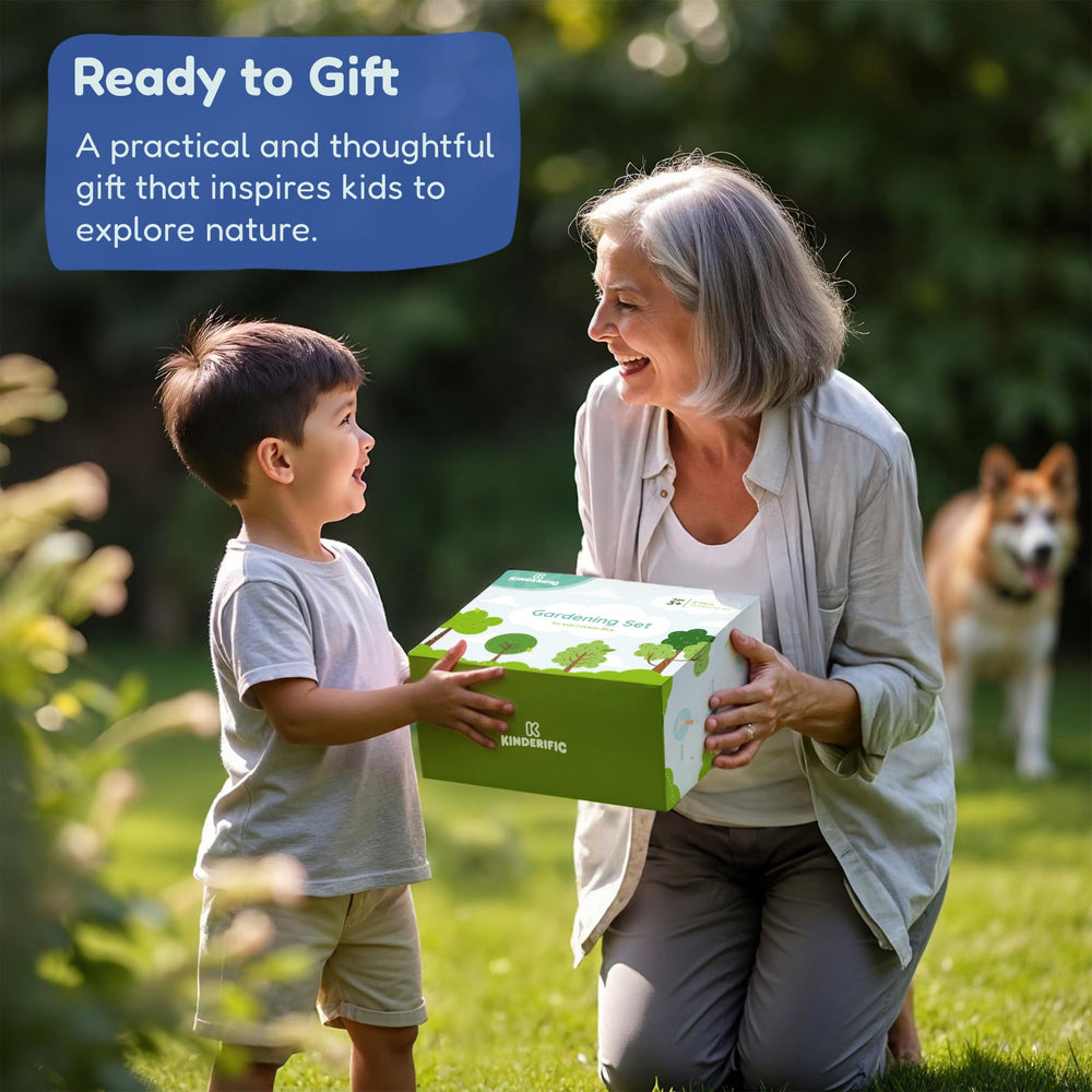 Kinderific Gardening Set gloves provide durable, snug protection for small hands.