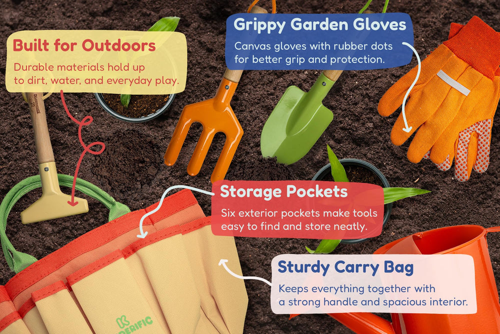 Kinderific Gardening Set rake helps kids smooth soil and form neat rows.