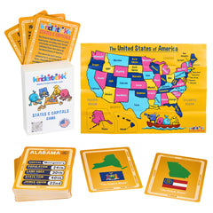Kindertrekk USA States and Capitals flash cards cover showing colorful state cards for engaging learning