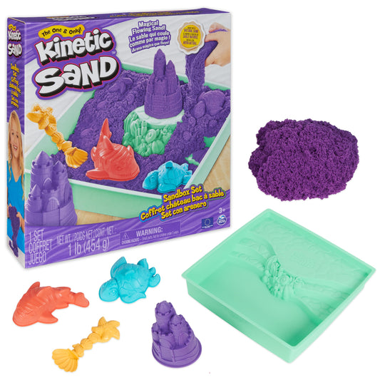 Kinetic Sand Sandbox Set with purple sand for tactile, mess-free play.