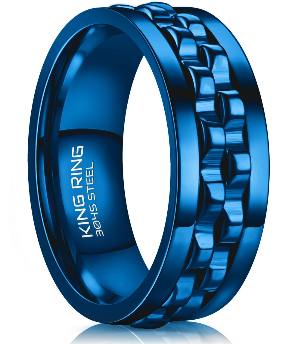 King Ring 8mm gear spinner blue closeup showing durable stainless steel and smooth spin.