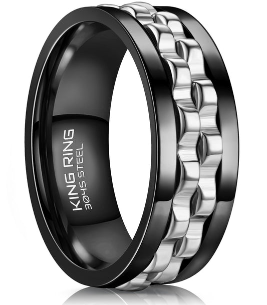 King Ring 8mm gear spinner ring in black-silver, front view, smooth spin for focus