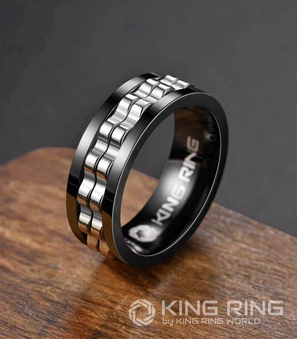 King Ring gear spinner ring polished close-up showing durable stainless steel finish