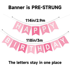 KINGLAKE GARDEN pink birthday banner on 400gsm cardstock, durable and reusable.