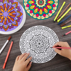 Kinlop mandala coloring cards display bright, intricate designs for focus.