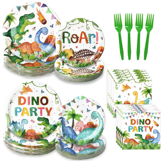 Kinovo dinosaur plates 9 inch dinner set with cheerful T-Rex designs for a playful party ambiance
