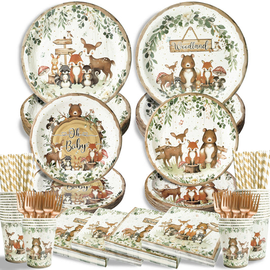 Kinovo woodland 9-inch plates provide sturdy dinnerware for a baby shower.