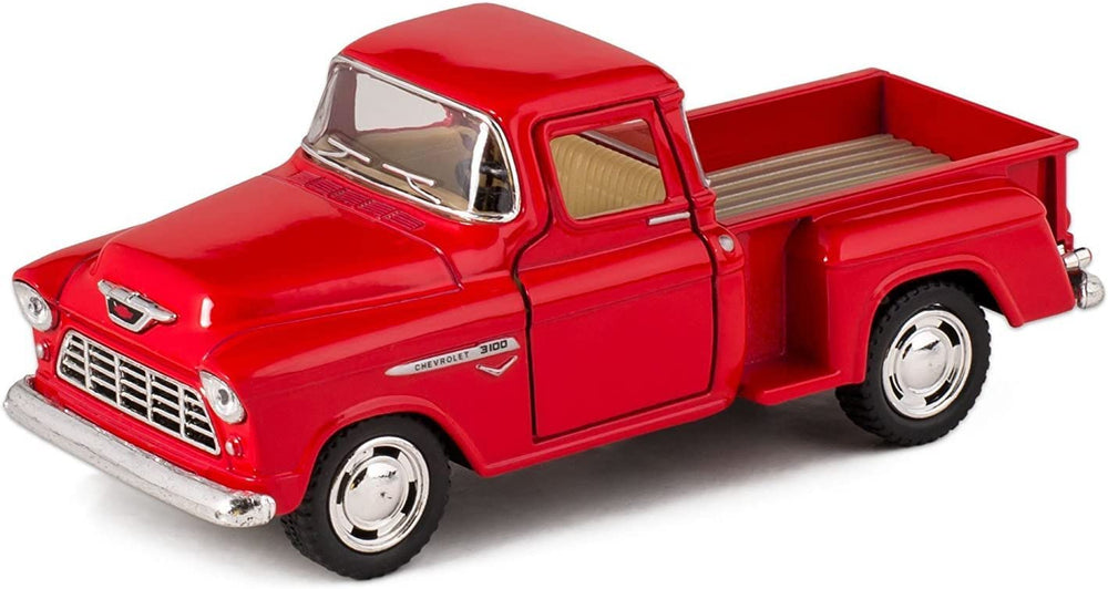 KiNSMART 1955 Chevrolet Stepside red exterior with chrome trim, ideal for display.