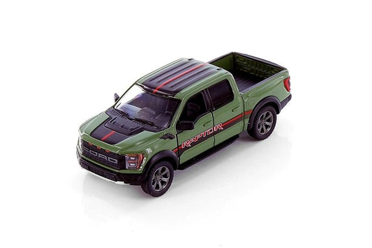 KiNSMART 2022 Ford F-150 Raptor die-cast model with opening doors for display.