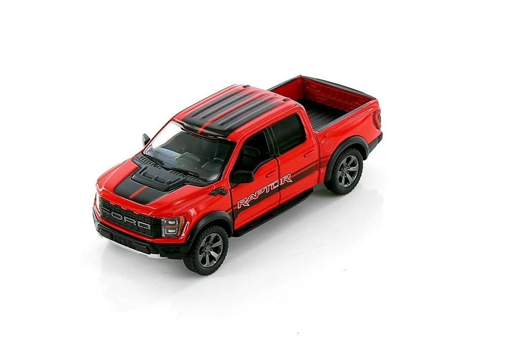 KiNSMART Ford F-150 Raptor 1:46 red die-cast model with decals, ideal for display.