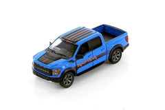 KiNSMART Ford F-150 Raptor blue die-cast model with opening doors for display