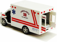 KiNSMART Rescue Ambulance pull-back action supports quick chase play and coordination.