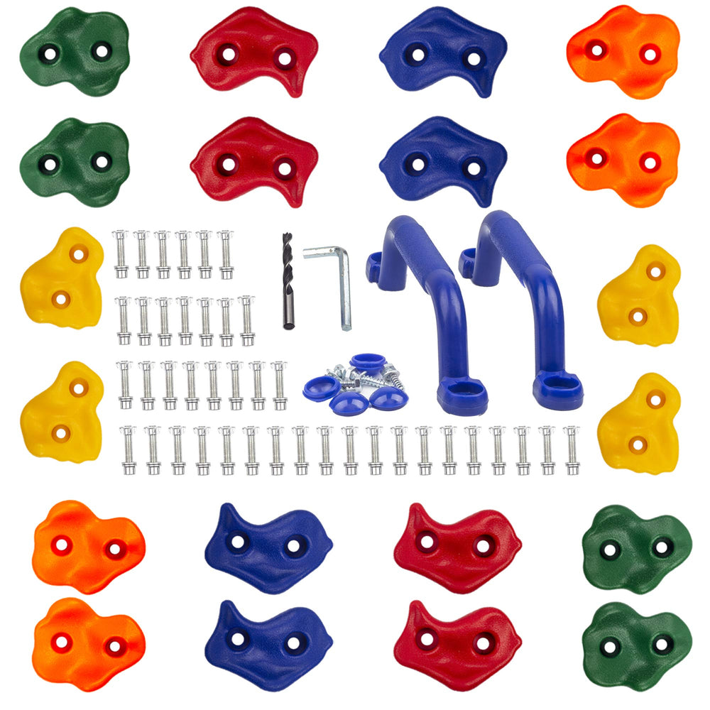 KINSPORY pig-nose rock holds 20pc set on a colorful wall for safe, engaging play.