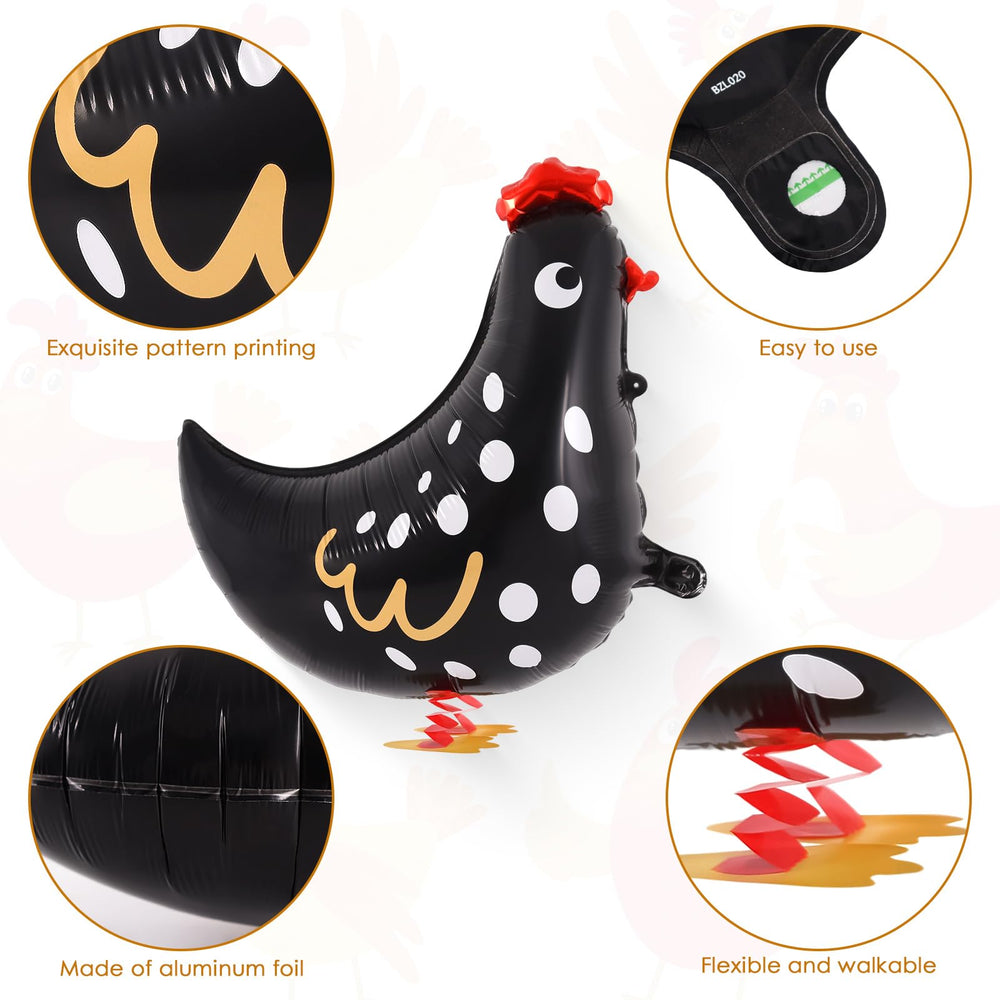 KINYFY black walking chicken balloon side view, adds whimsy to outdoor parties