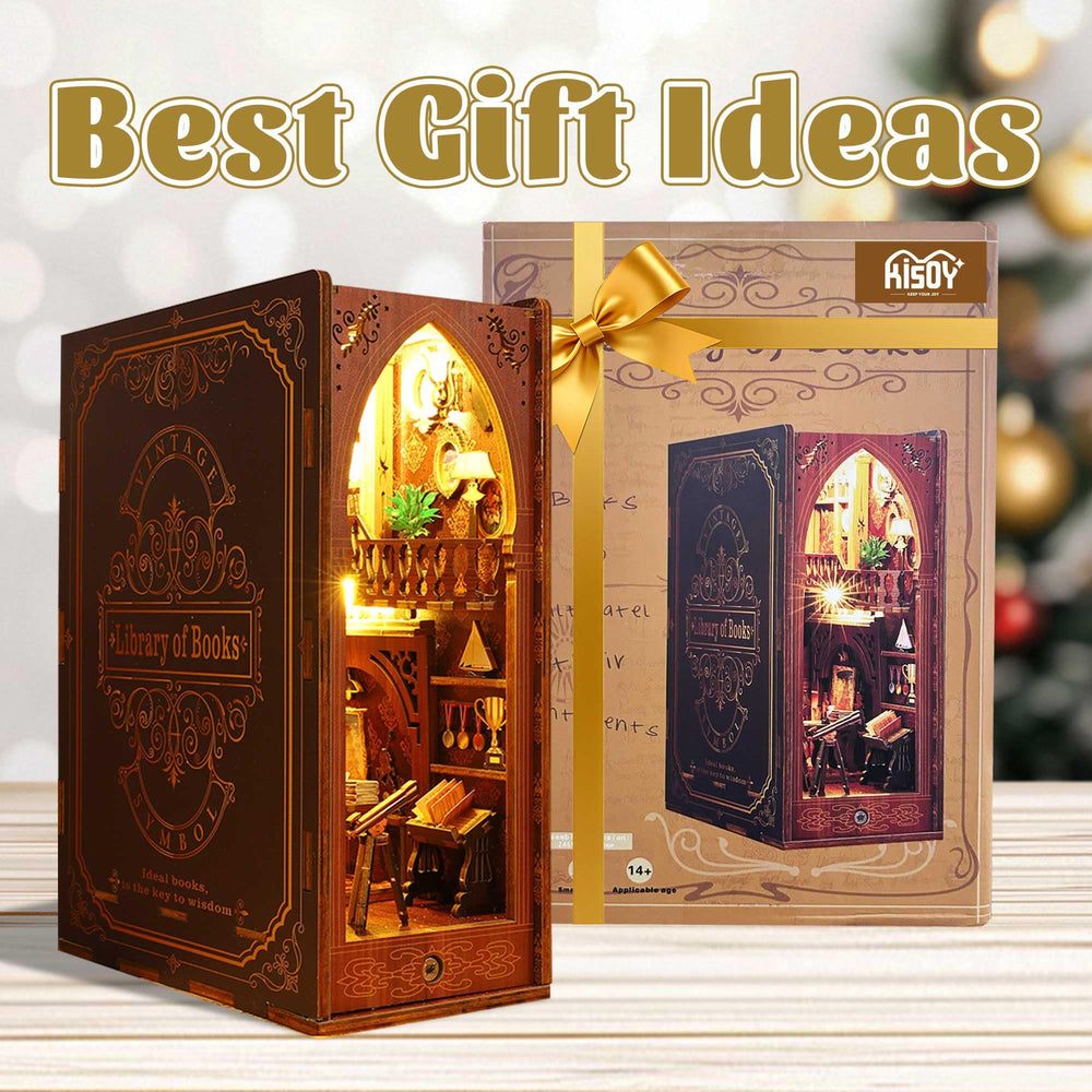 Kisoy Book Nook Kit soft LED lighting brightens the display.