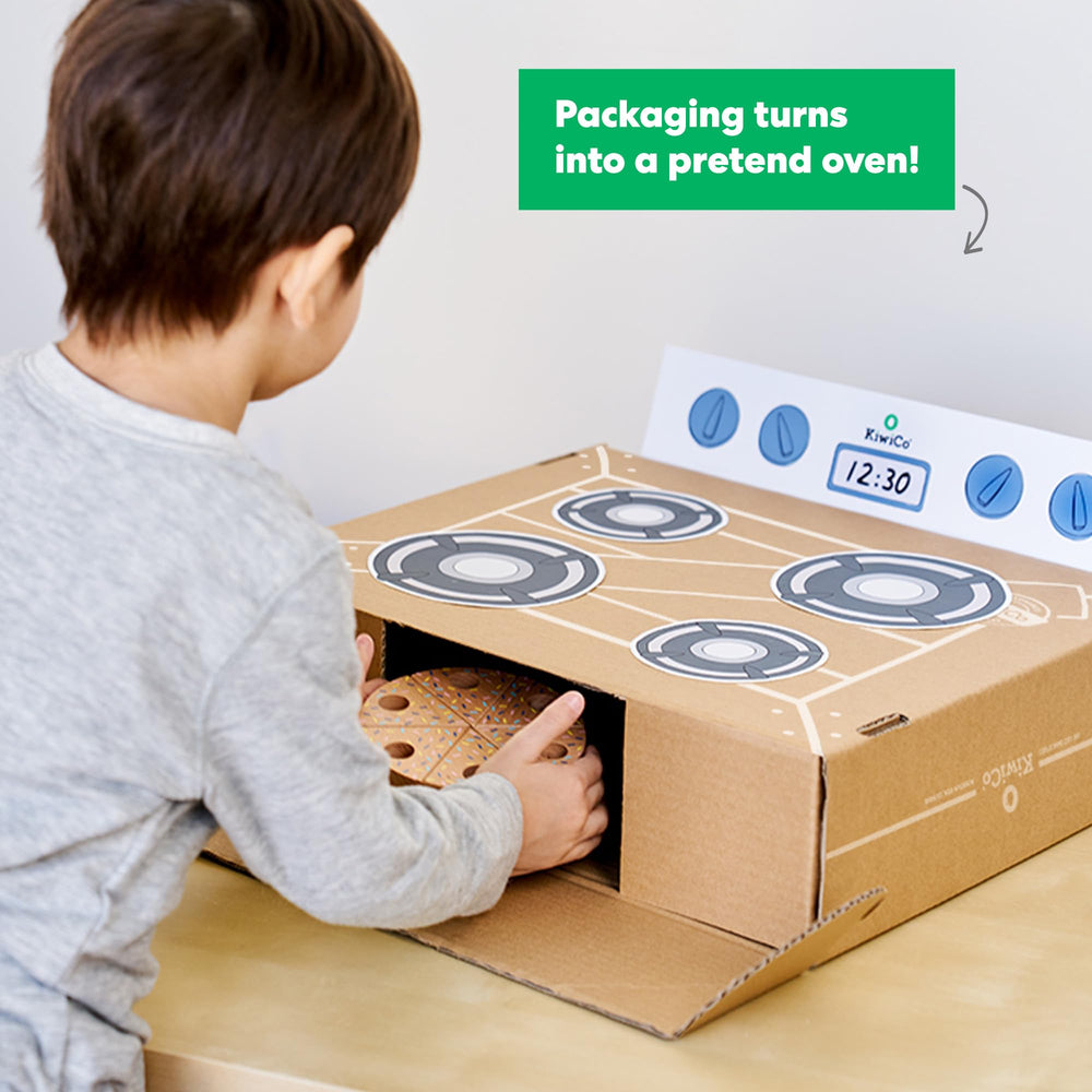 KiwiCo Bake-a-Cake recipe cards guide steps and fractions playfully.