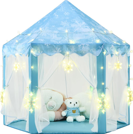 KIXINWA Frozen Princess Tent with LED snowflake lights for magical indoor play