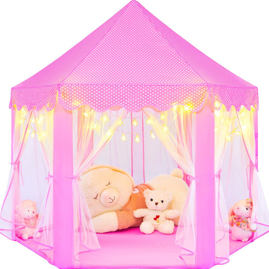 KIXINWA pink princess tent with LED stars creates a magical play space for kids.