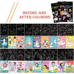Kizcmvre Unicorn Princess scratch pages open to reveal rainbow patterns for DIY art.