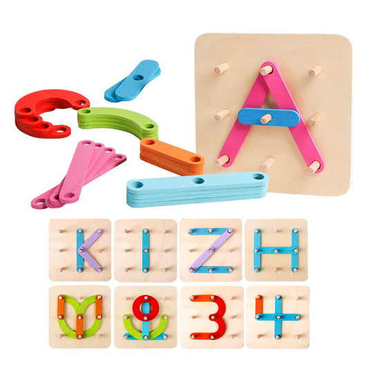 Kizh wooden letter-number construction set on pegboard for imaginative play and early literacy.