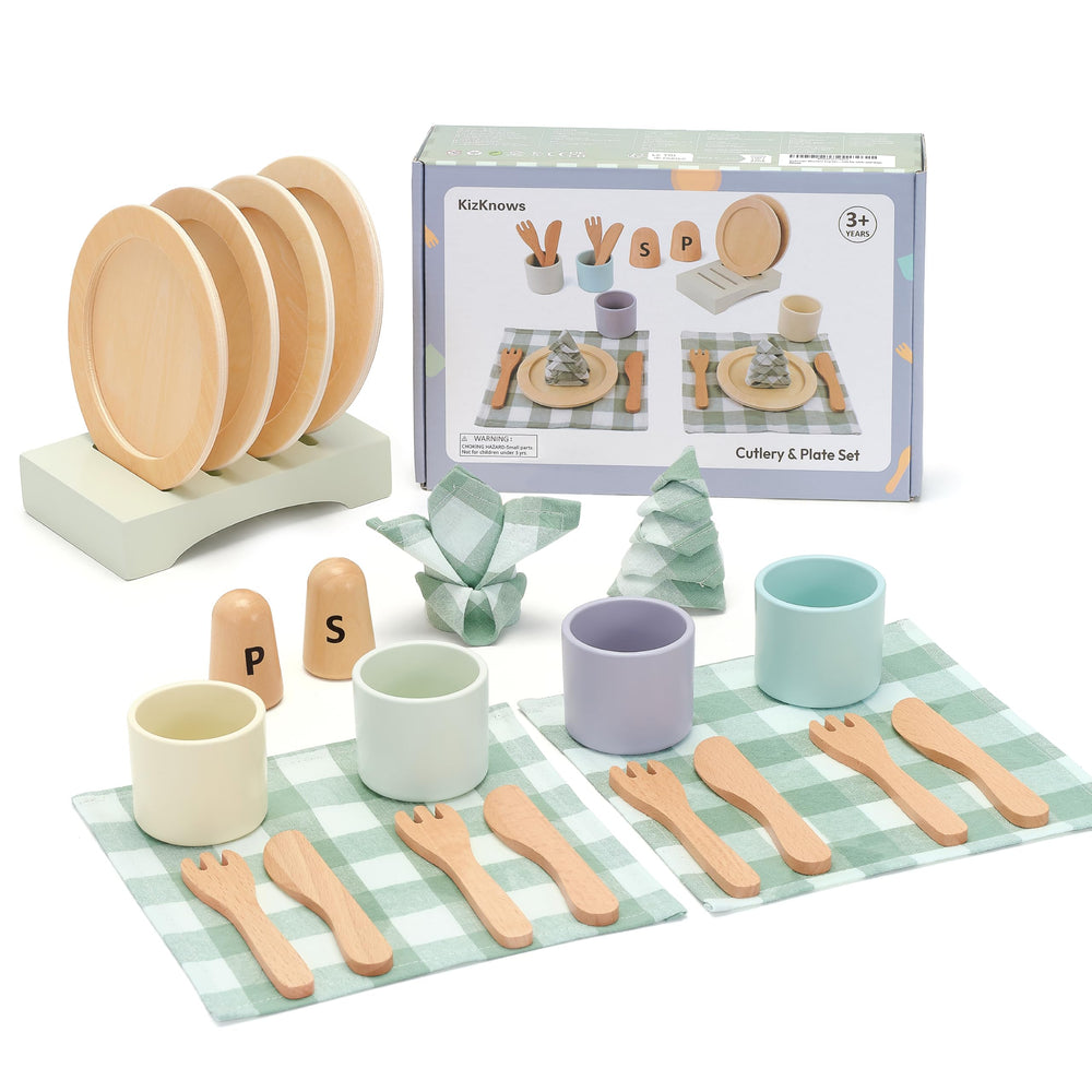 KizKnows wooden plates for pretend dining and role-play meals.
