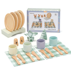 KizKnows wooden plates for pretend dining and role-play meals.