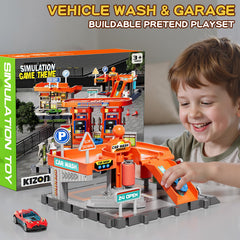 KIZONLY wide play view of the car wash and garage setup