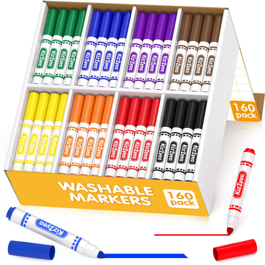 KIZZYEA 160-count washable markers in vibrant classroom colors for art projects.