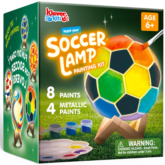 Klever Kits DIY 3D Soccer Night Light shows a kid-friendly painting project with a glowing finale.