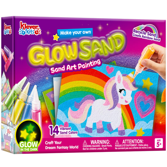 Klever Kits glow sand art bottles showcase vivid colors for night time crafts and easy pouring.