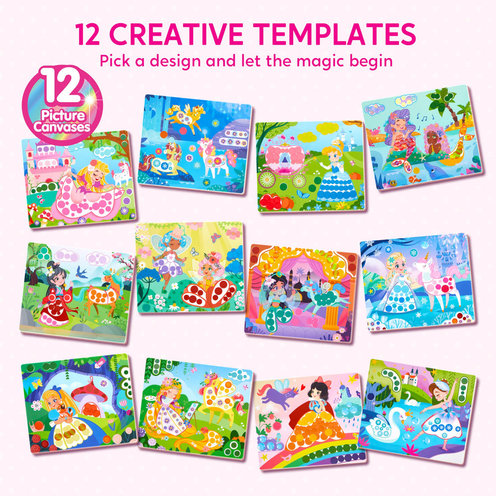 Klever Kits Princess Dot Art Kit sticker sheets with 1,180+ stickers for vibrant scenes.