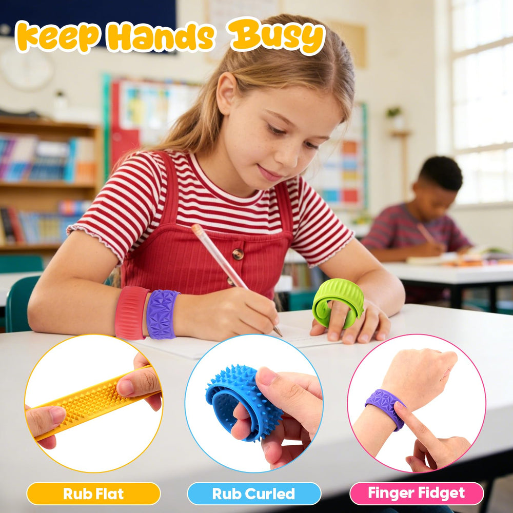 KLT sensory bracelet texture closeup highlights soft silicone surface for soothing rubs.