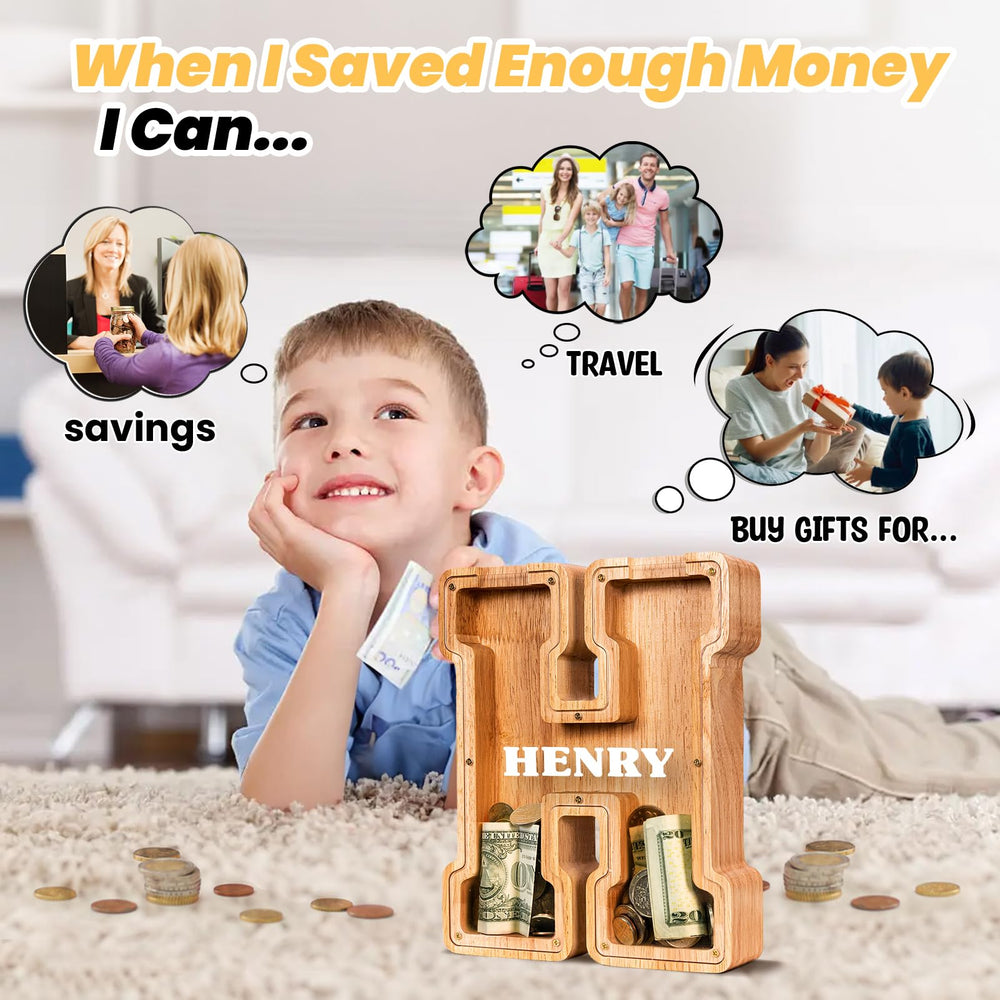 KMC wooden letter piggy bank side view showing compact design for shelves
