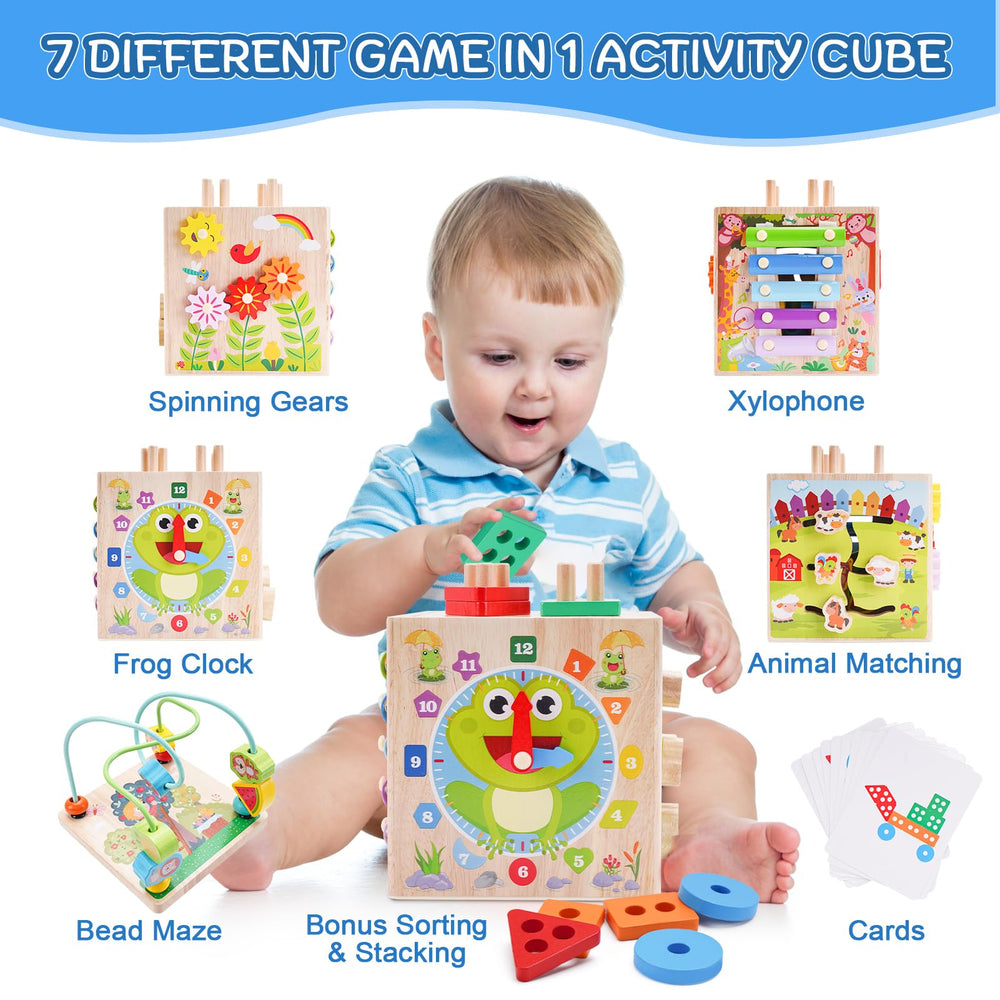 KMTJT Wooden Activity Cube baby xylophone fosters auditory play and sensory exploration.
