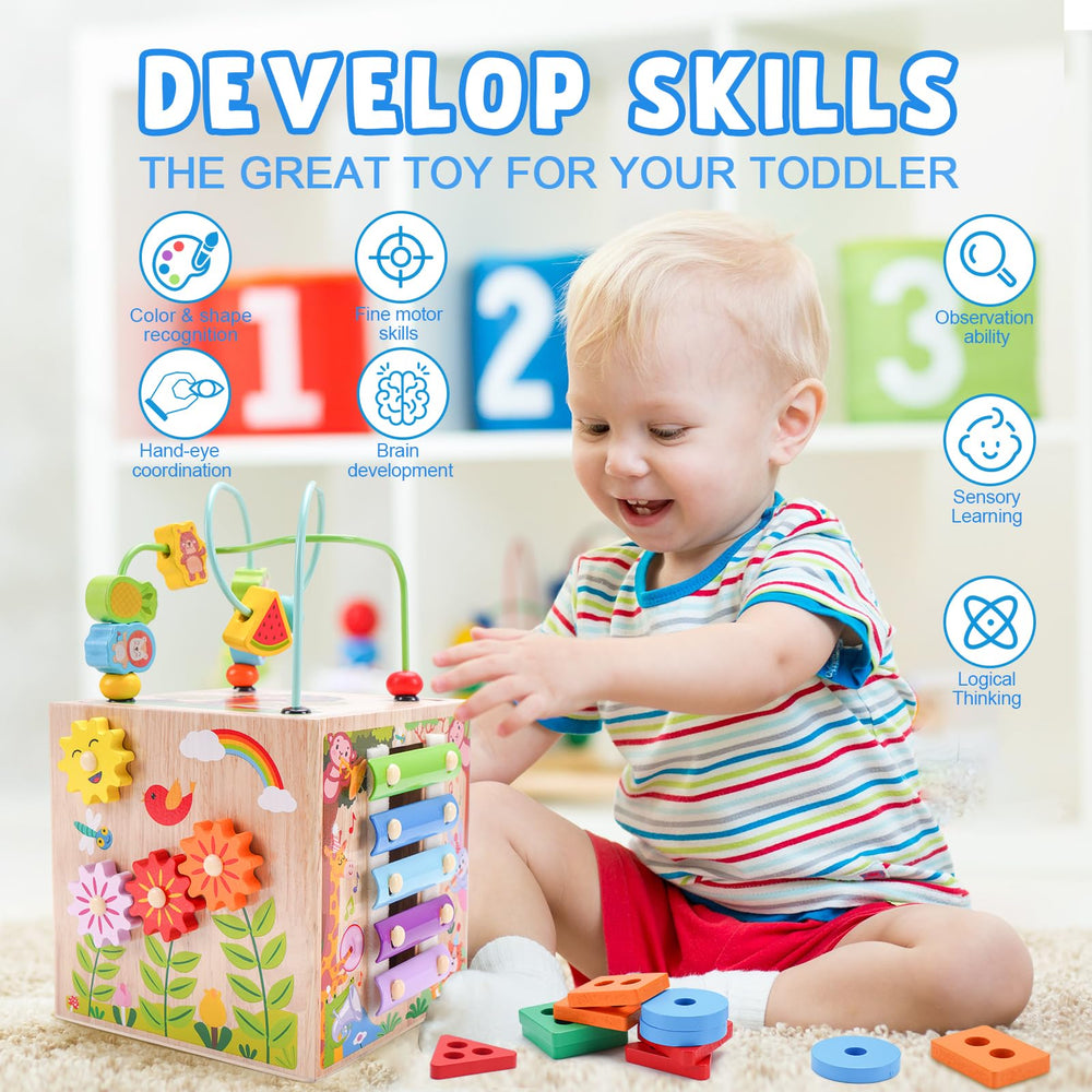 KMTJT Wooden Activity Cube shape sorter develops problem solving and fine motor skills.