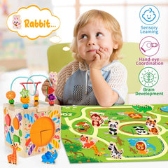 KMTJT wooden activity cube shape sorter reinforces early geometry through hands-on matching.