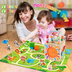 KMTJT wooden activity cube top storage keeps parts organized after play.
