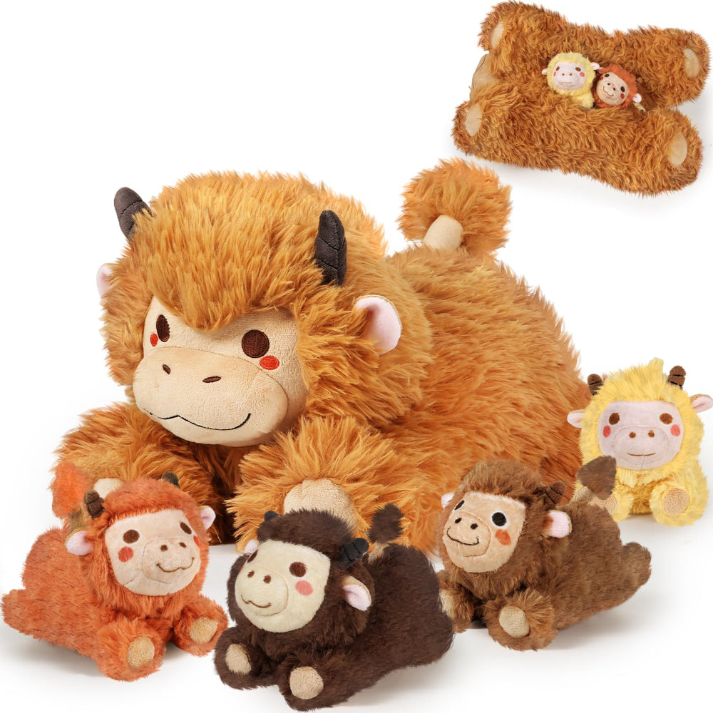 KMUYSL Highland Cow mommy belly unzip shows four calves for imaginative play.