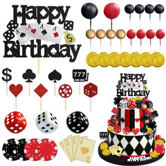 Knana 35Pcs casino cake toppers with dice, chips, and coins for a realistic casino party look.