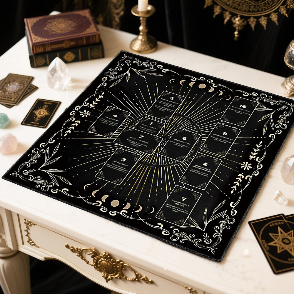 Knana altar cloth shows Celtic cross motif for a mystical reading atmosphere.