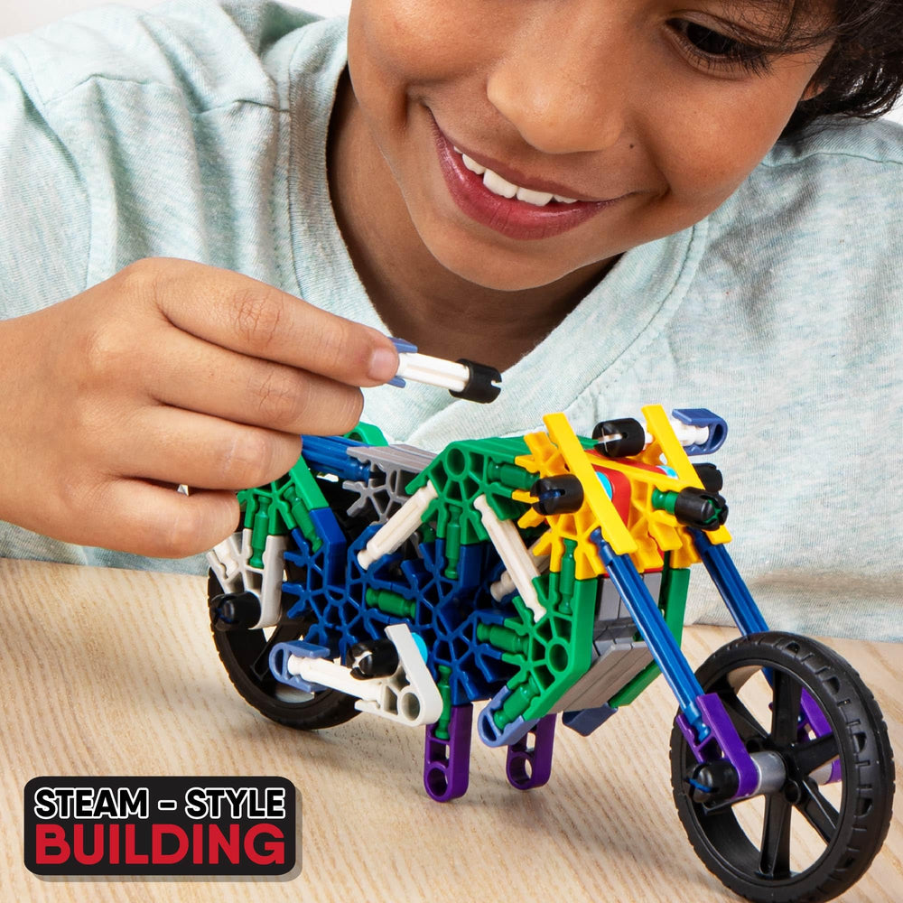 Closeup of moving parts and wheels from the K'NEX 100 Model Building Set for interactive play