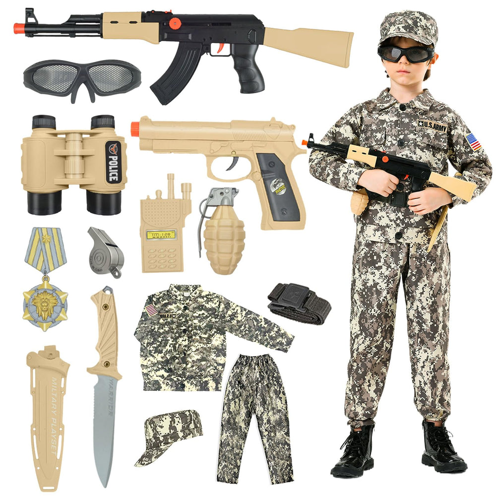 Kodvinp Army Costume boy-front view in camouflage for imaginative play.