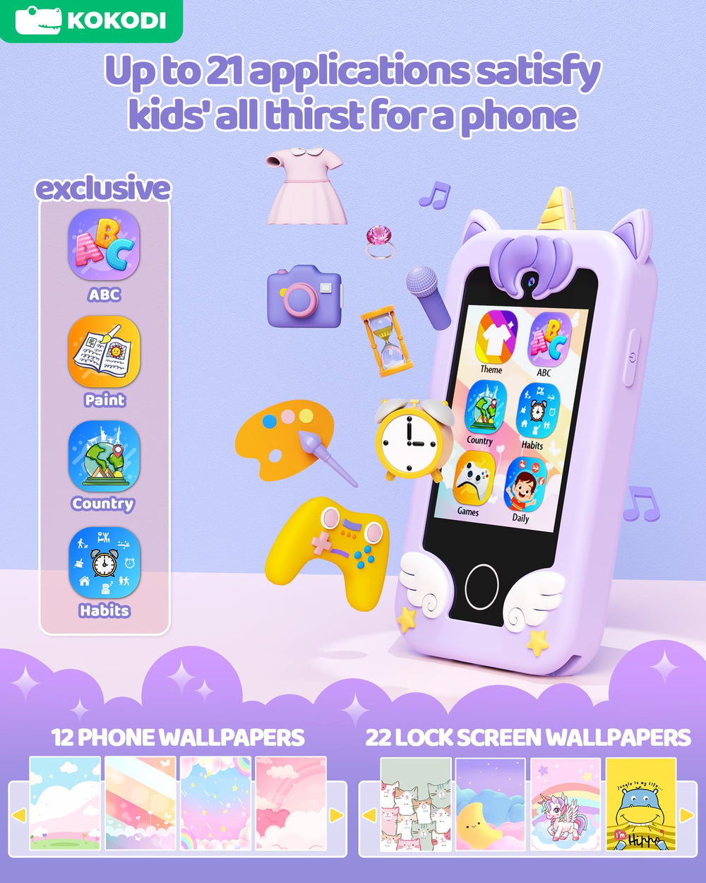 KOKODI kids phone touchscreen detail showing a responsive 2.8-inch display.