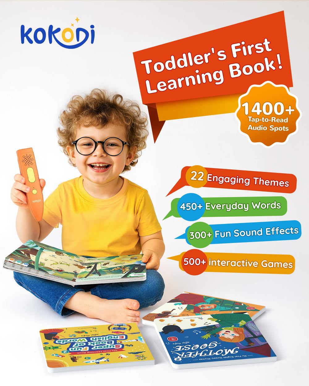 KOKODI vocabulary book open, engaging kids with 450+ words and sounds.