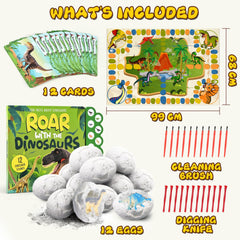 Kolegend Dino Eggs Dig Kit eggs ready for excavation with kid-friendly digging tools.
