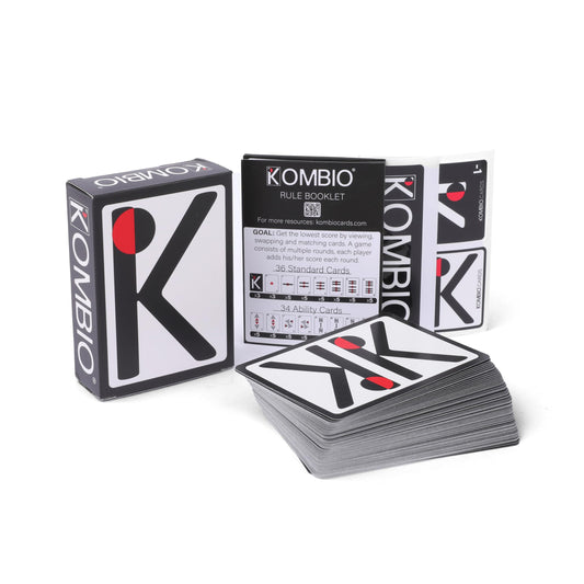 KOMBIO all-in-one card game box front, ideal for quick setup and family game night.
