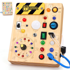 Konijiwa Busy Board switches and LEDs stimulate fine motor skills during hands-on play