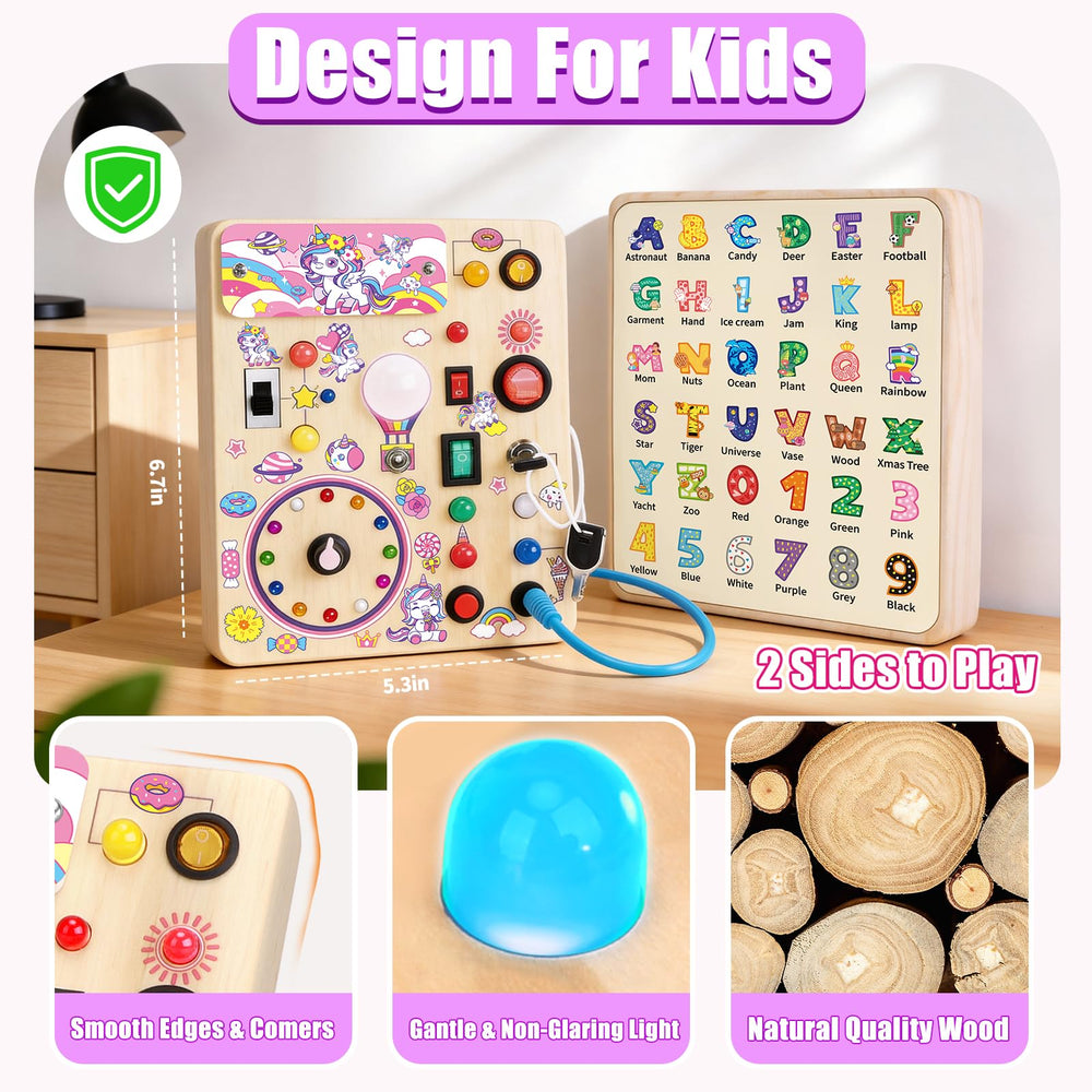 Konijiwa Unicorn Busy Board v2 fits small hands for portable learning on the go